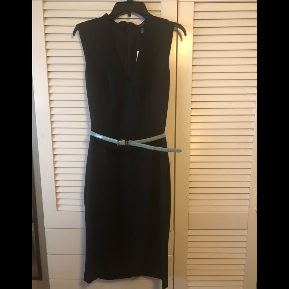 White House Black Market Black Sleeveless Sheath Dress with Light Blue Belt